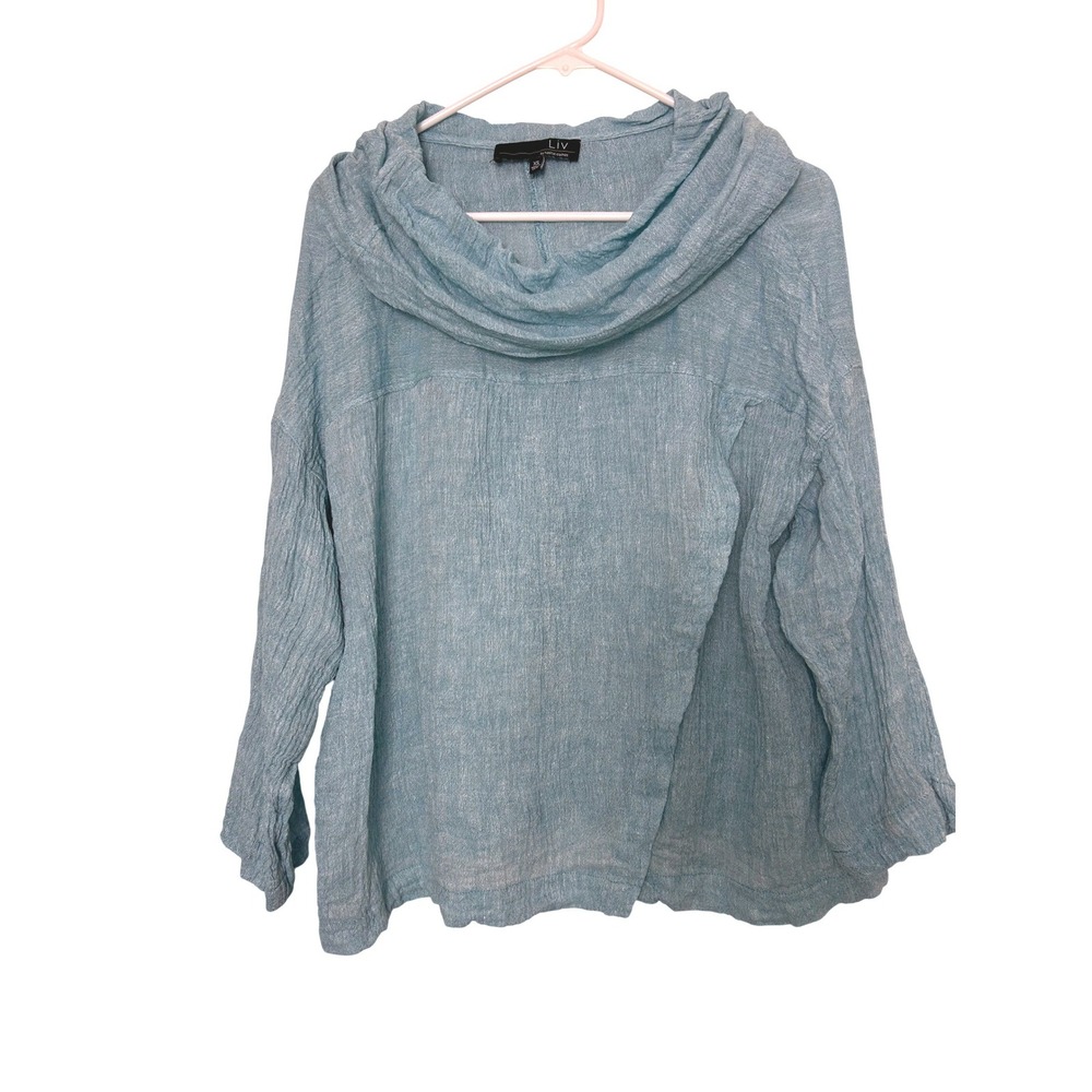 Liv by Habitat Clothes Linen Top Womens XS Blue Cowl Neck Boxy Lagenlook coastal